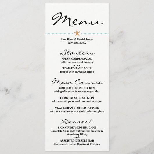 Carte de menu sur la plage - Menus Mariages - Star (Devant)