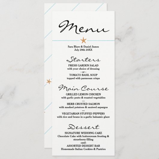 Carte de menu sur la plage - Menus Mariages - Star (Devant / Derrière)