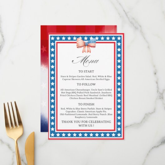 Carte de menu thème drapeau américain USA (Devant/Arrière en situation)