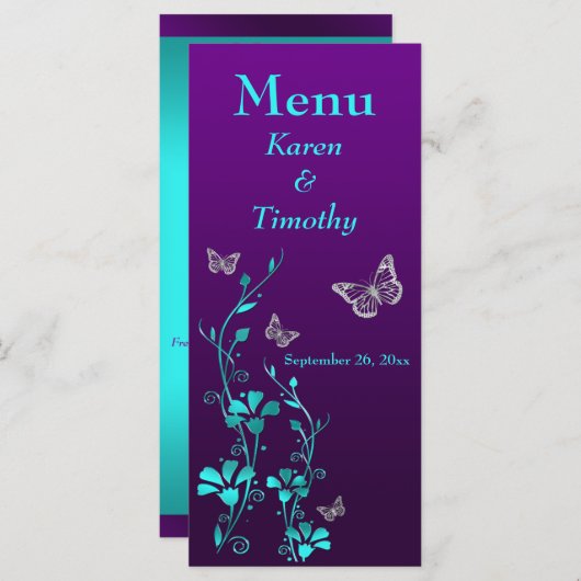 Carte de menu Turquoise à papillon Floral Mariage (Devant / Derrière)