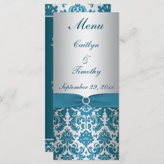 Carte de menu Turquoise RIBBON Silver, Mariage IMP (Devant / Derrière)
