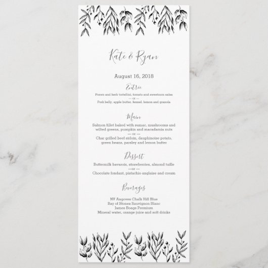 Carte de menu vintage feuille gris Mariage (Devant)