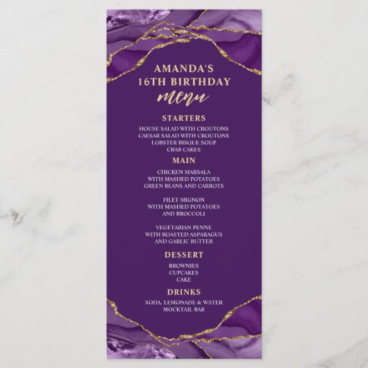 Carte de menu violet et or Agate Design (Devant)