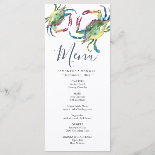 Carte de menu Watercolor Blue Crab Coastal (Devant)