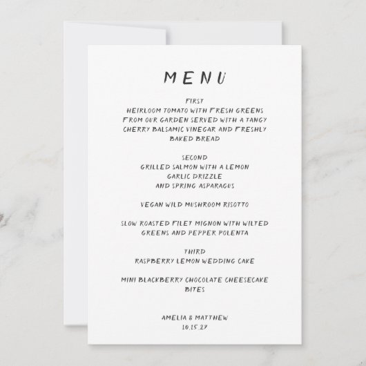 Carte de menu Whimsy Mariage Décontracté manuscrit (Devant)