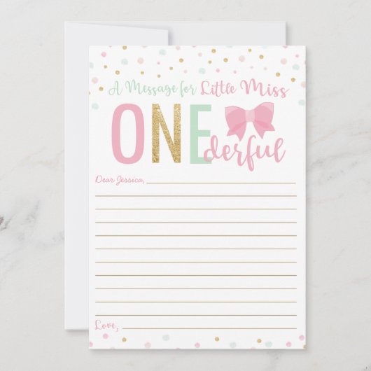 Carte de message Miss ONEderful Pink Bow Time Caps (Devant)