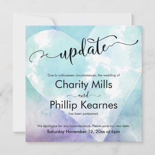 Carte de mise à jour du Mariage reportée Heart Aqu (Devant)