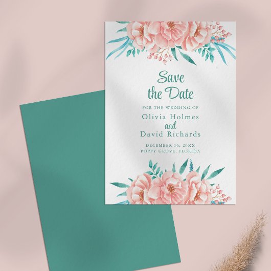 Carte de mise en vente de date Peach et Turquoise