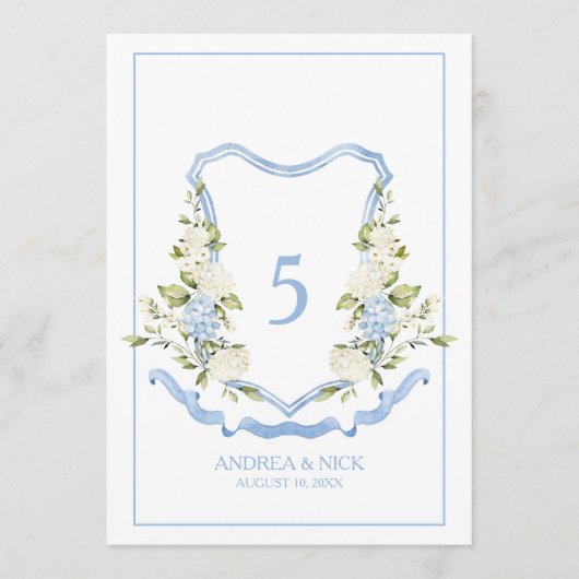 Carte de monogramme à blason d'hortensia bleu (Devant)