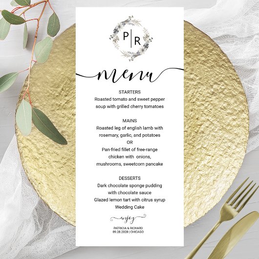Carte de monogramme floral de menu de mariage élég