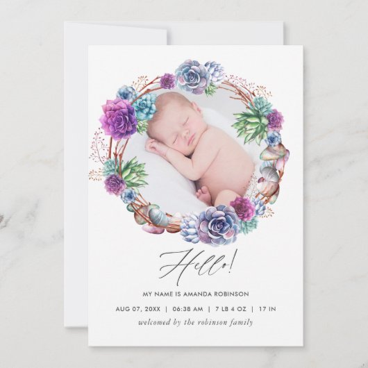 Carte de naissance avec photo de succulentes du dé (Devant)