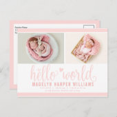 Carte de naissance avec photo Hello World rose pou (Devant / Derrière)