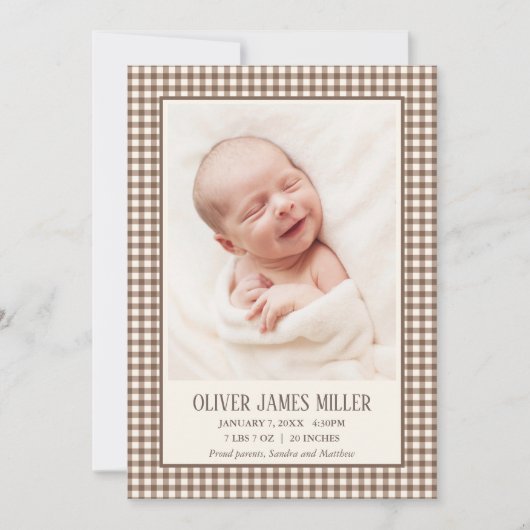 Carte de naissance bébé à carreaux bruns (Devant)