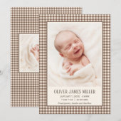 Carte de naissance bébé à carreaux bruns (Devant / Derrière)