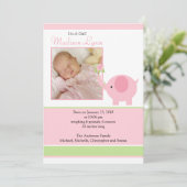 Carte de naissance bébé fille éléphant rose (Debout devant)