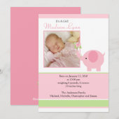 Carte de naissance bébé fille éléphant rose (Devant / Derrière)