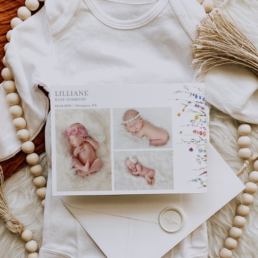 Carte de naissance bébé fleur sauvage multicolore