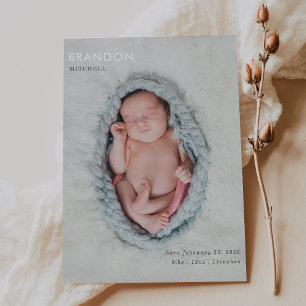 Carte de naissance bébé photo grise minimaliste