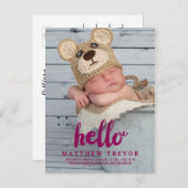 Carte de naissance de bébé violet | Bonjour (Devant / Derrière)