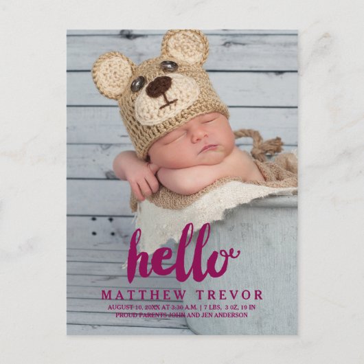 Carte de naissance de bébé violet | Bonjour (Devant)