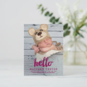 Carte de naissance de bébé violet | Bonjour (Debout devant)