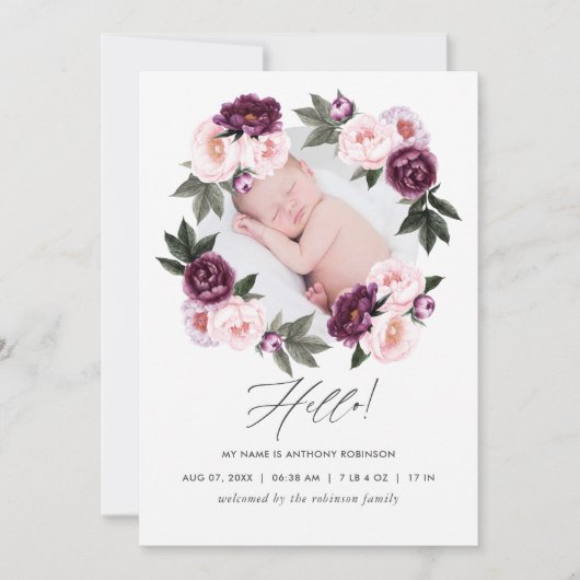 Carte de naissance florale avec photo (Devant)