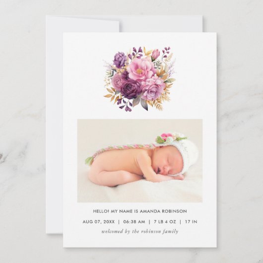Carte de naissance florale mauve et or (Devant)