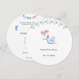 Carte de naissance garçon bleu cigogne avec ballon
