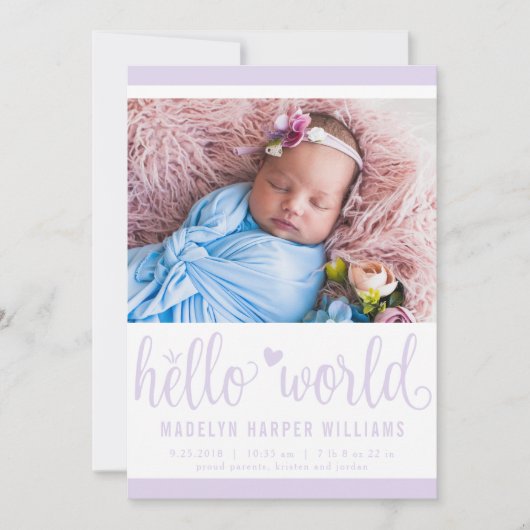 Carte de naissance Moderne Hello World Photo Viole (Devant)