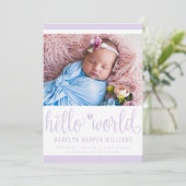 Carte de naissance Moderne Hello World Photo Viole (Debout devant)