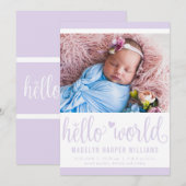 Carte de naissance Moderne Hello World Photo Viole (Devant / Derrière)