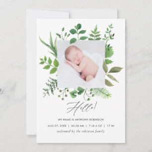 Carte de naissance photo à motif d'aquarelle verte