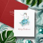 Carte de Noël<br><div class="desc">This minimum seashore theme holiday card feh réplica of my original painted watercolor sea turtle with Christmas lights in shades of tropical colors on a crisp background. The words Merry Christmas are set in a modern brush script typographiy. The inside feobjets a solid berry red color with your custom greeting...</div>