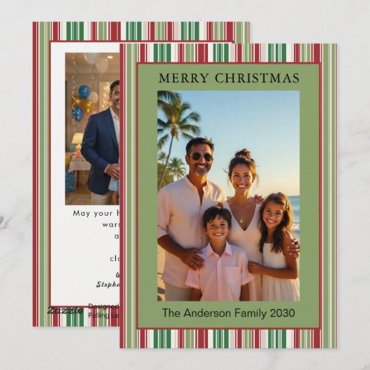 Carte de Noël 2 Photo Rayée Rouge & Vert (Devant / Derrière)