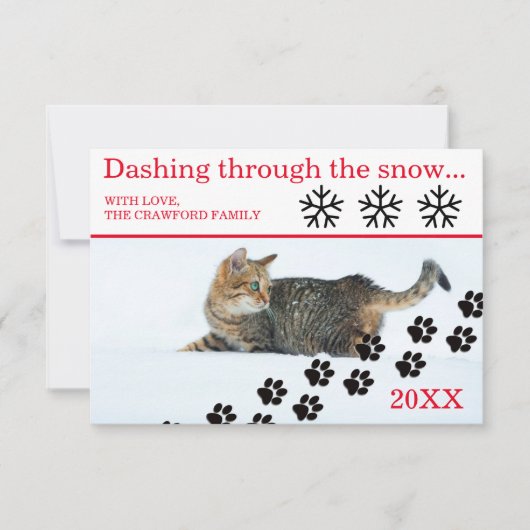 Carte de Noël 3x5 - Chat se précipitant dans la ne (Devant)