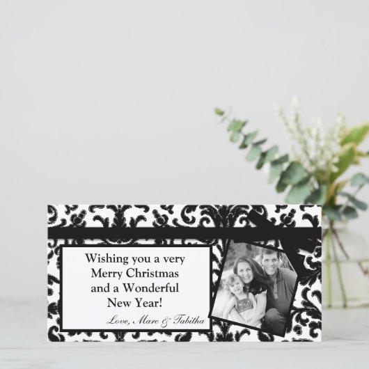 Carte de Noël 4x8 Black Damask Ribbon Frame (Debout devant)
