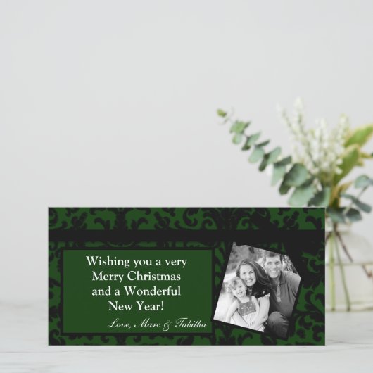 Carte de Noël 4x8 Green Damask Ribbon Frame (Debout devant)