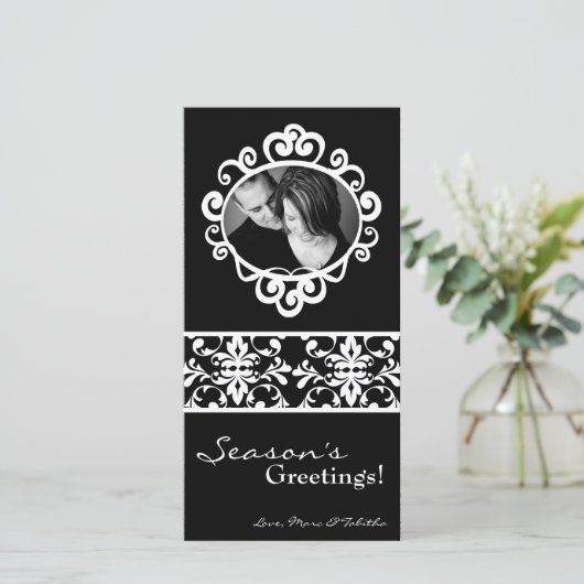 Carte de Noël 4x8 noir blanc Damas cadre photo (Debout devant)