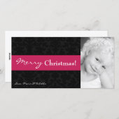 Carte de Noël 4x8 noir rose Damas cadre photo (Devant / Derrière)