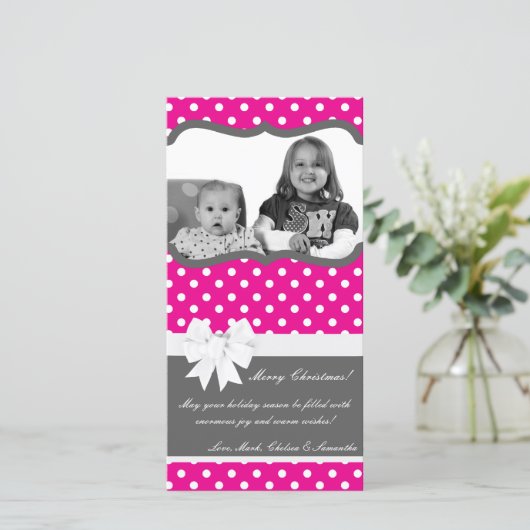 Carte de Noël 4x8 rose chaud noir Polka point phot (Debout devant)