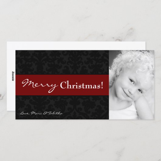 Carte de Noël 4x8 Rouge noir Damas cadre photo (Devant / Derrière)