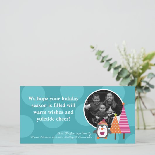 Carte de Noël 4x8 Turquoise Penguin Tree Polka (Debout devant)