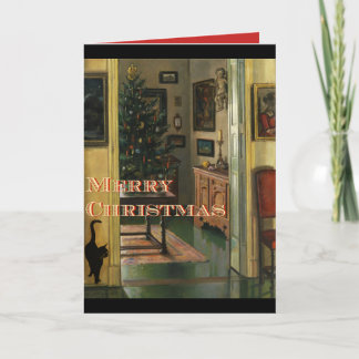 Carte de Noël à l'ancienne avec un chat noir