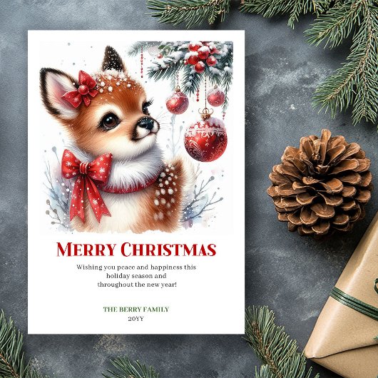 Carte de Noël à l'aquarelle Faon de la forêt chic