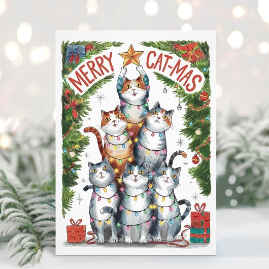Carte de Noël à l'aquarelle Funny Merry Catmas