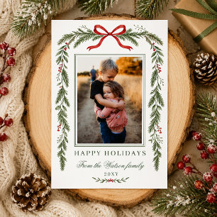 Carte de Noël à motif botanique hivernal avec noeu