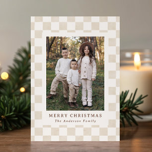 Carte de Noël à photo en gingham à la gouache