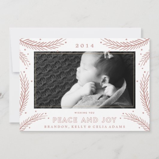 Carte de Noël à plumes dorées Paix et Joie (Devant)