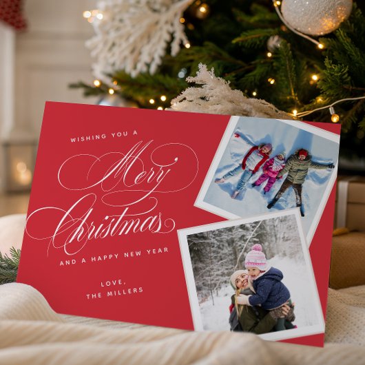 Carte de Noël à script rouge avec collage de 2 pho