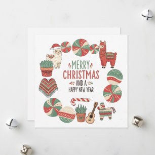 Carte de Noël andine avec un lama mignon et un pon